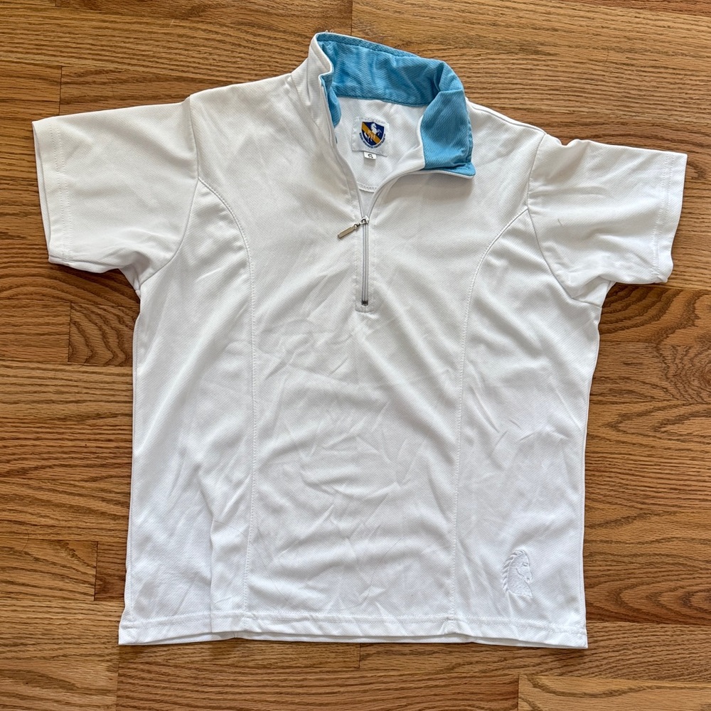 Women's White Polo Shirt with Blue Collar for Horse Riding